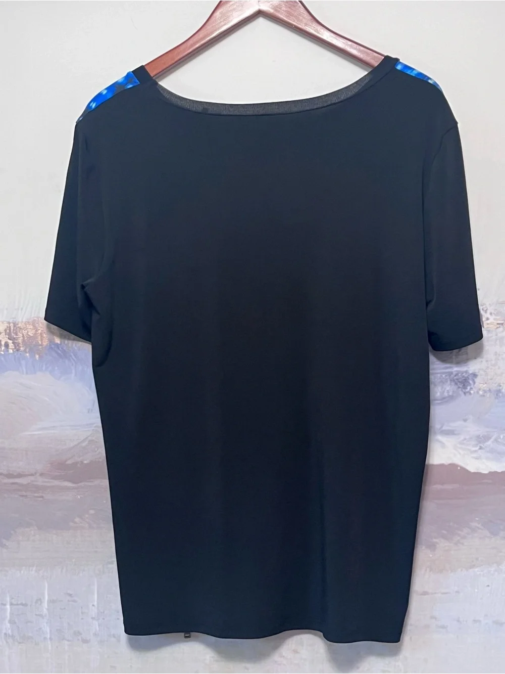 Elie Tahari Top Silk Blend Tie-Dye Abstract Shibori Side Zip Blouse Blue Black L